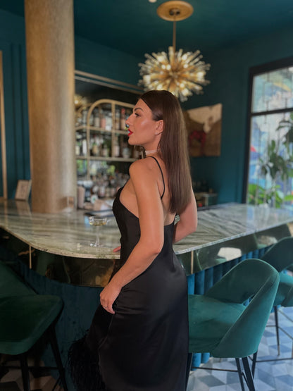 Cowl Neck Slip On Dress with Feathers