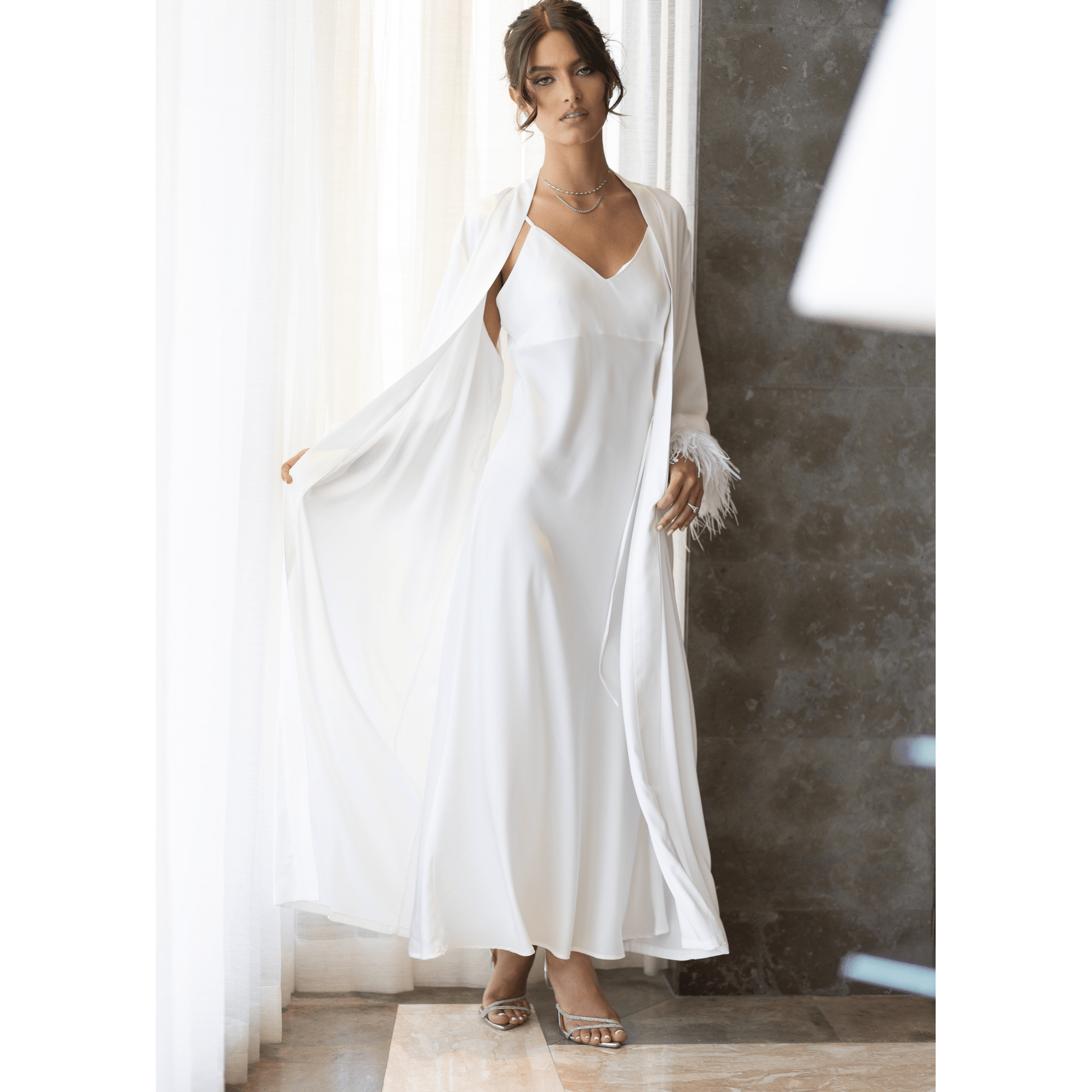 Long Kimono with Detachable Feather, White 