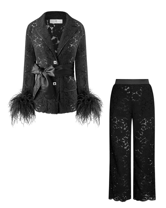 Lace Pants Set with Feathers, Black