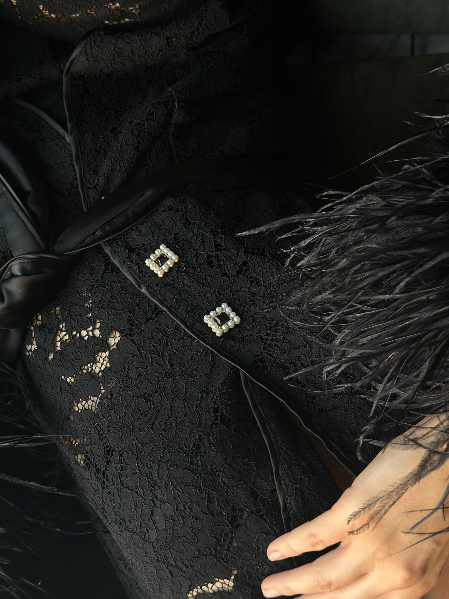 Lace Pants Set with Feathers, Black
