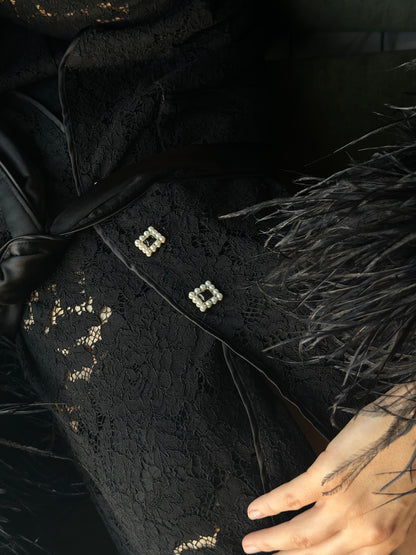 Lace Pants Set with Feathers, Black