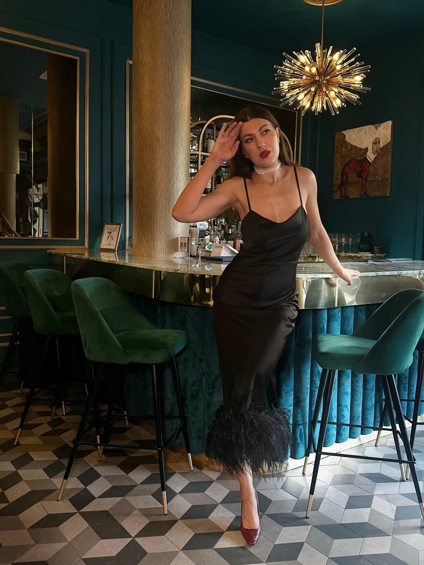 Cowl Neck Slip On Dress with Feathers