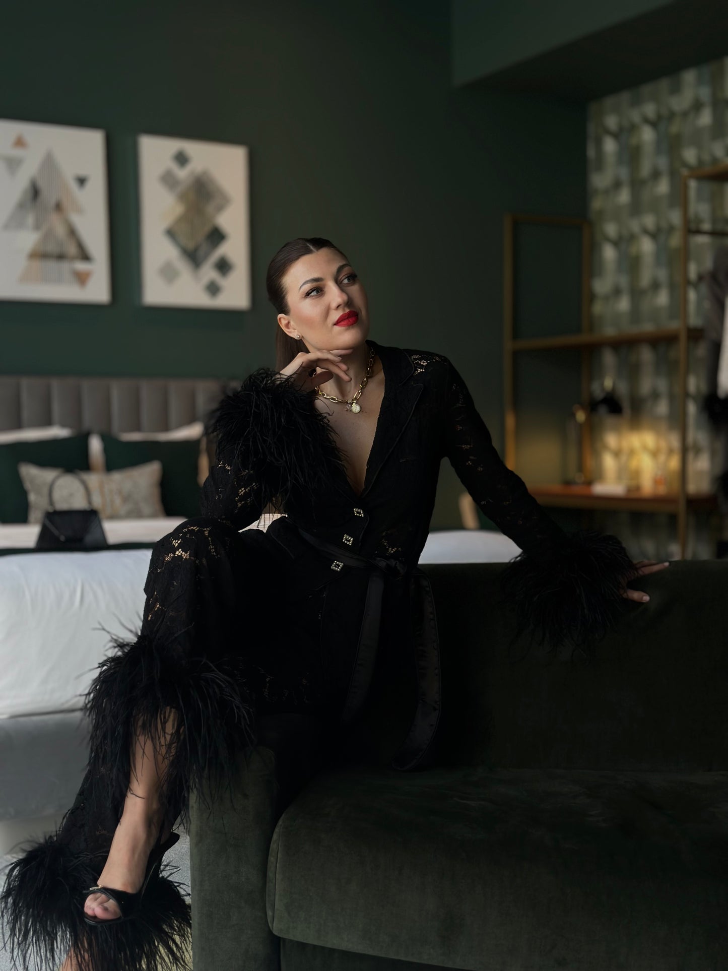 Lace Pants Set with Feathers, Black