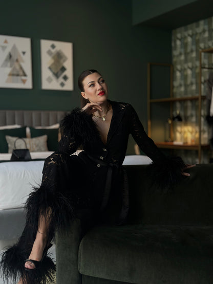 Lace Pants Set with Feathers, Black