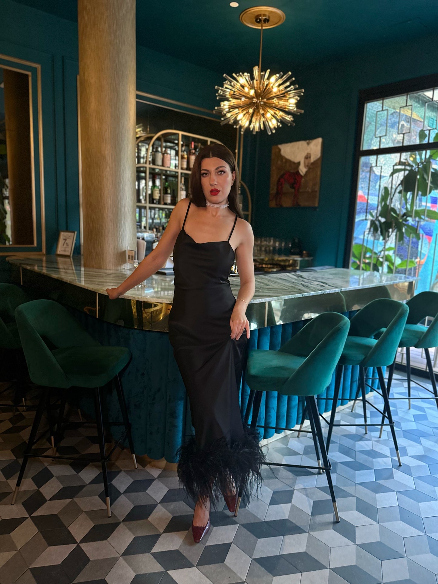 Cowl Neck Slip On Dress with Feathers