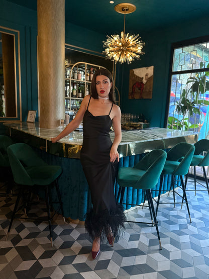 Cowl Neck Slip On Dress with Feathers