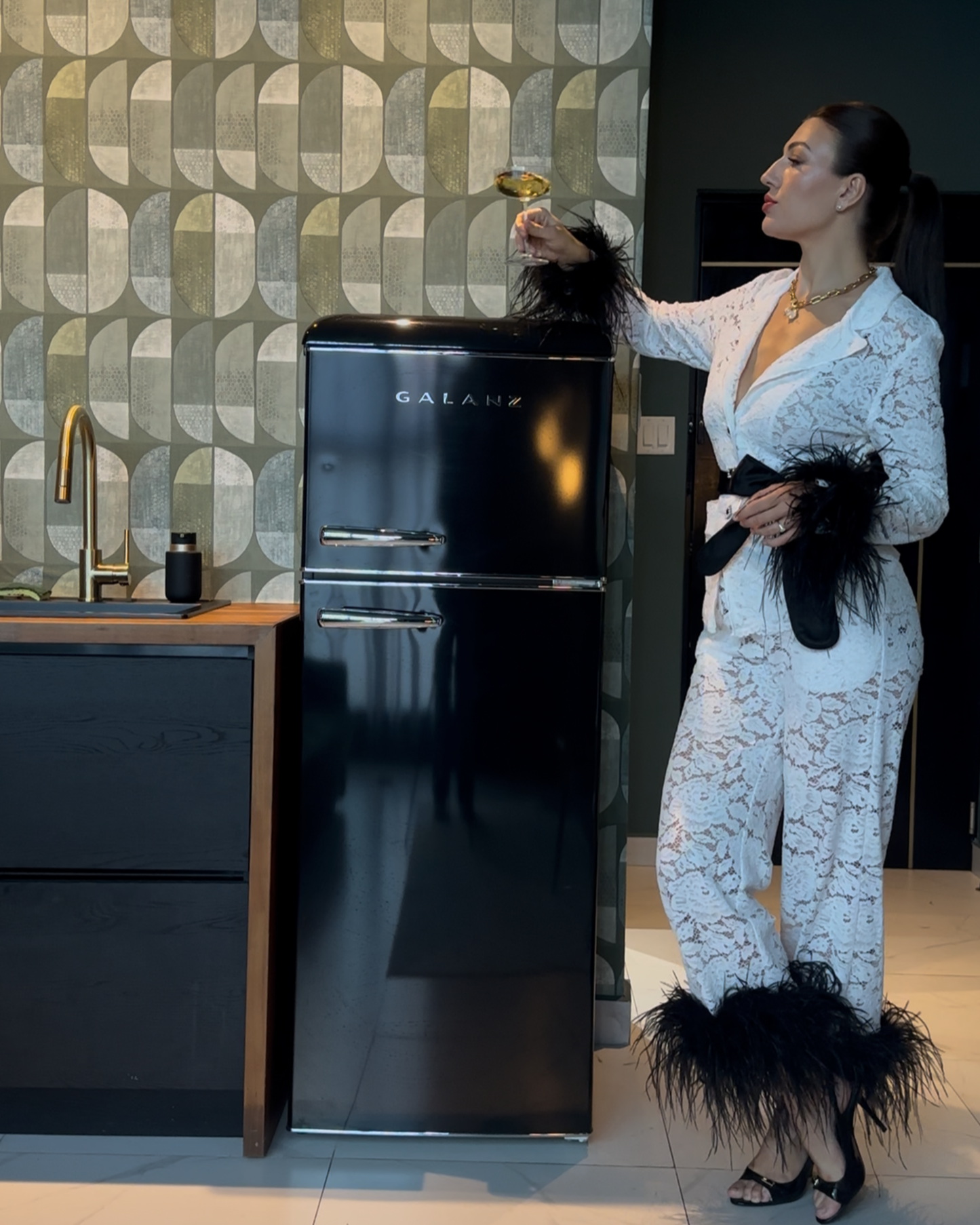 White Lace Pants Set with Black Feathers, White Belt