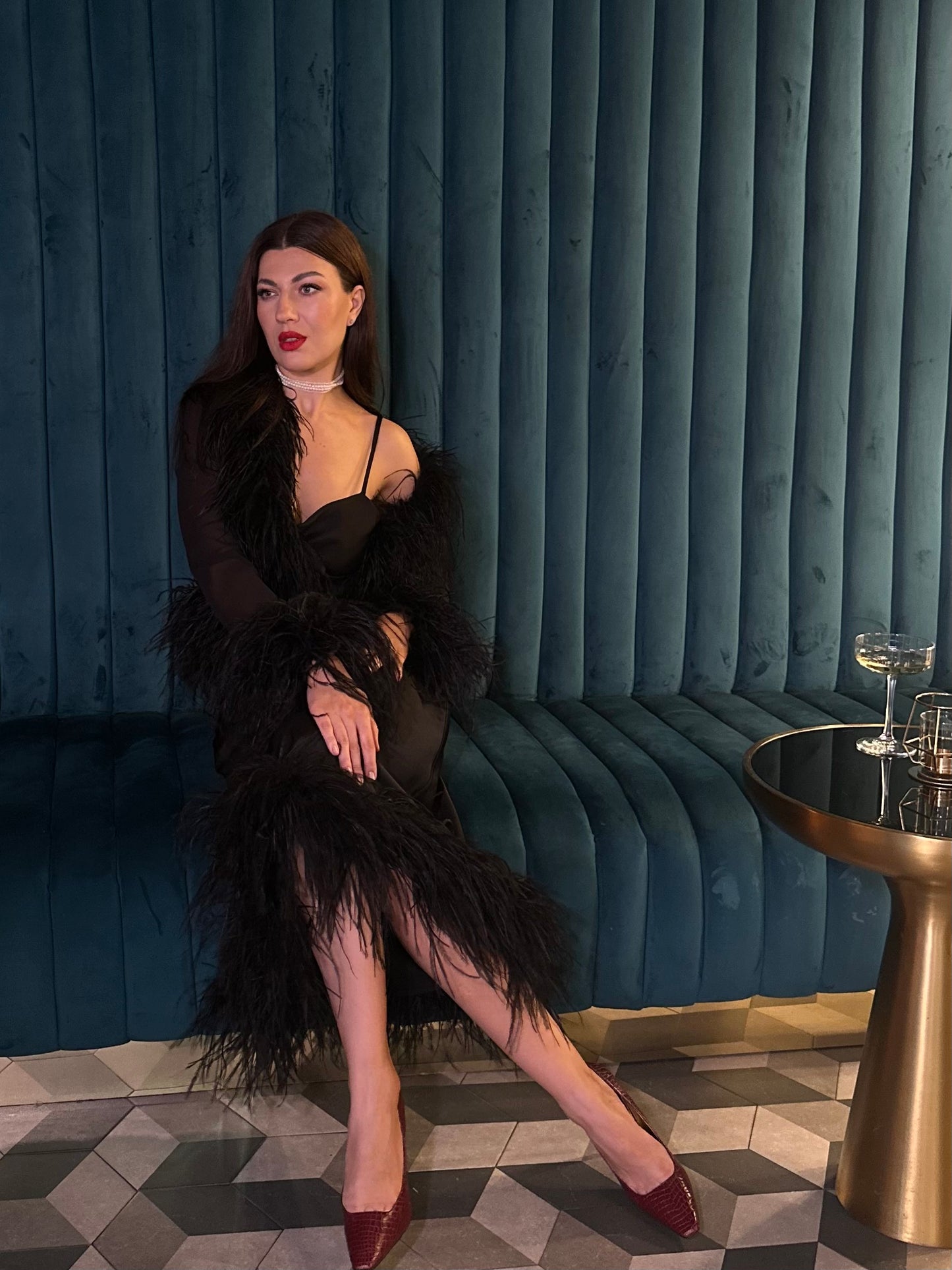 Cowl Neck Slip On Dress with Feathers