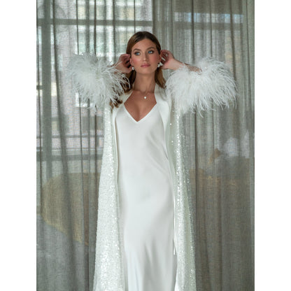 Shimmery Long Kimono with feathers, Bridal