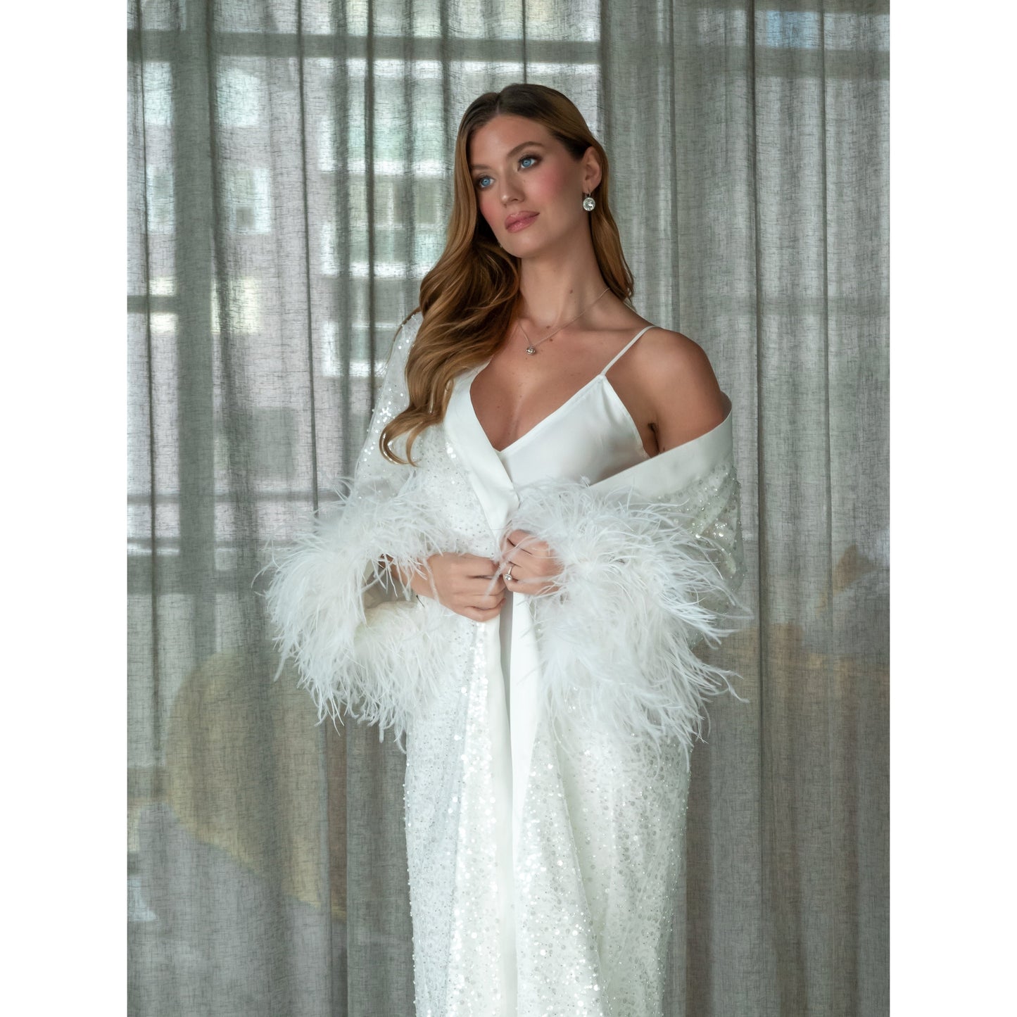 Shimmery Long Kimono with feathers, Bridal