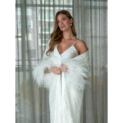 Shimmery Long Kimono with feathers, Bridal