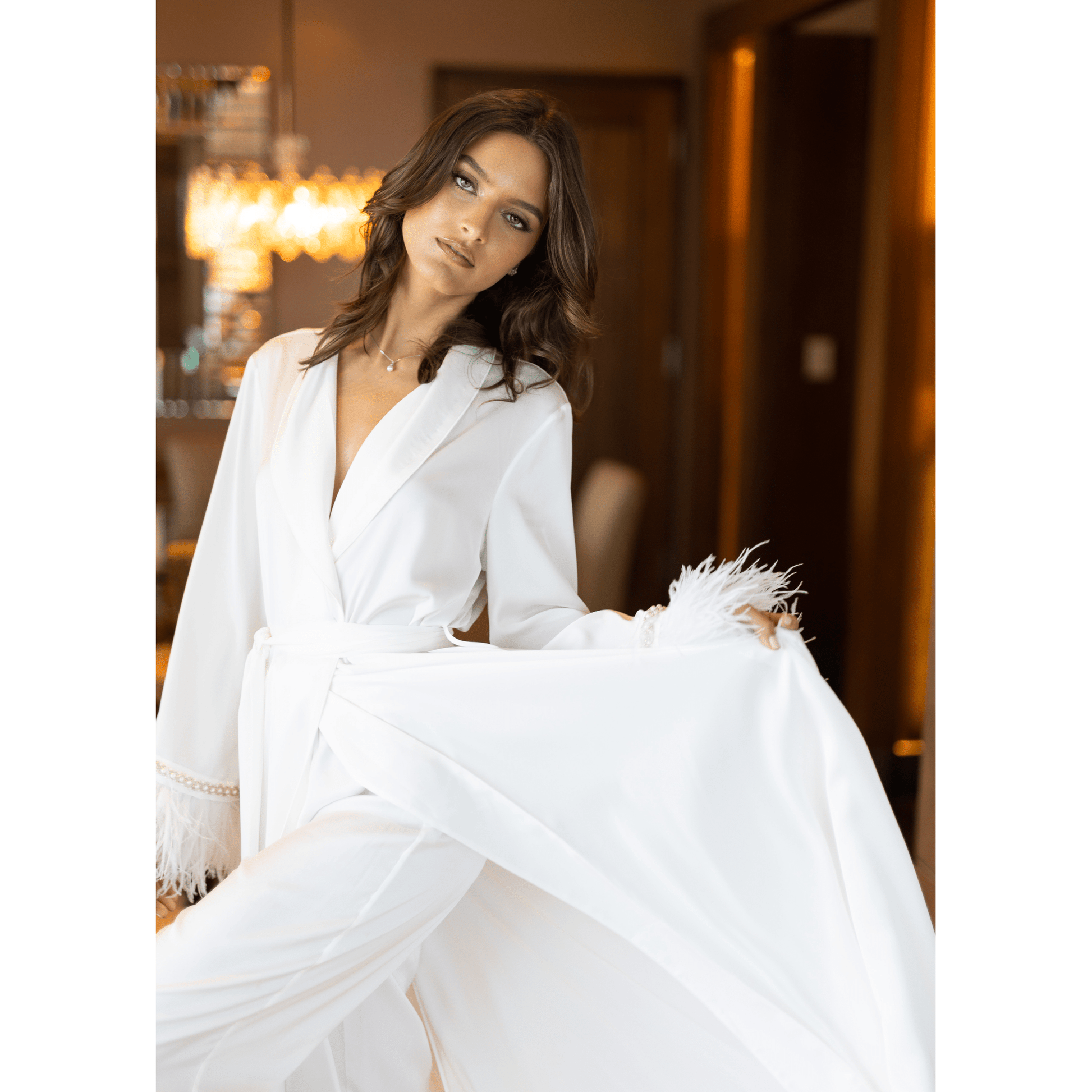 Limited Bridal Maxi Kimono with Feather & Pearl Cuffs, 1pc 