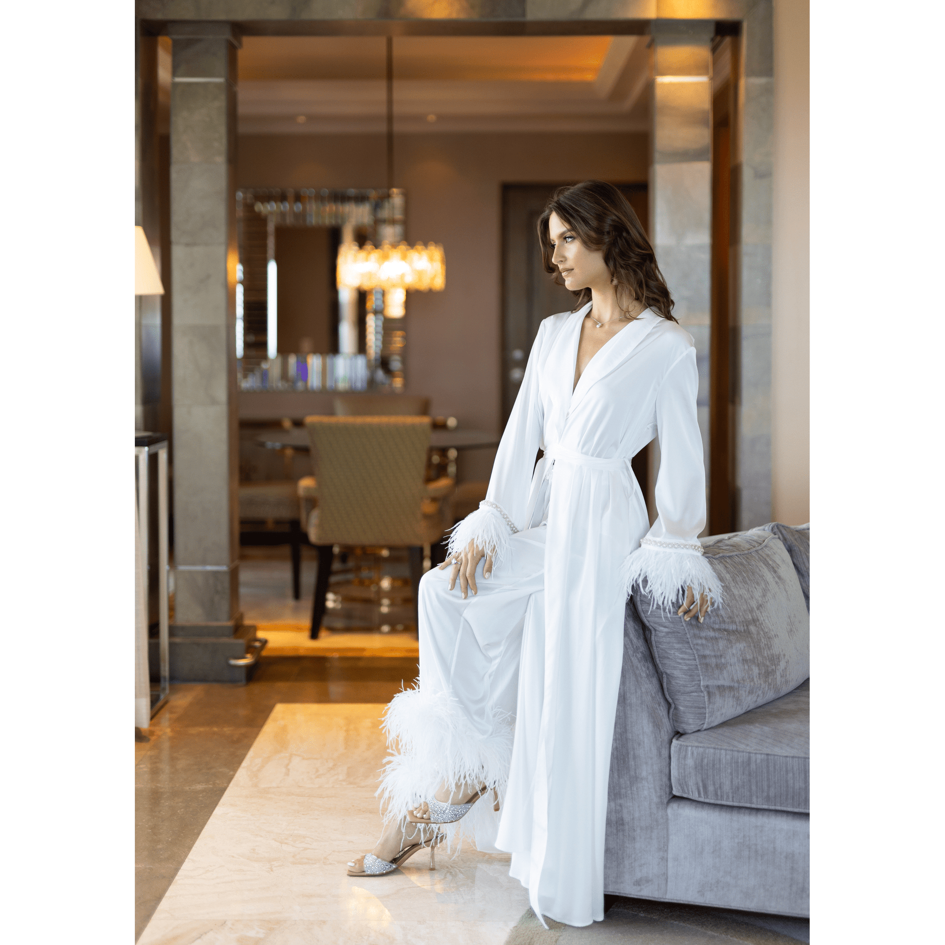 Limited Bridal Maxi Kimono with Feather & Pearl Cuffs, 1pc 