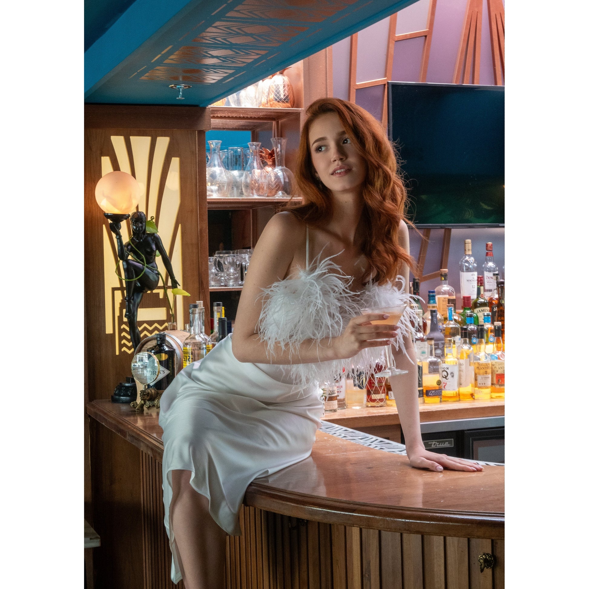 Long Slip-On Dress with Detachable Feather 