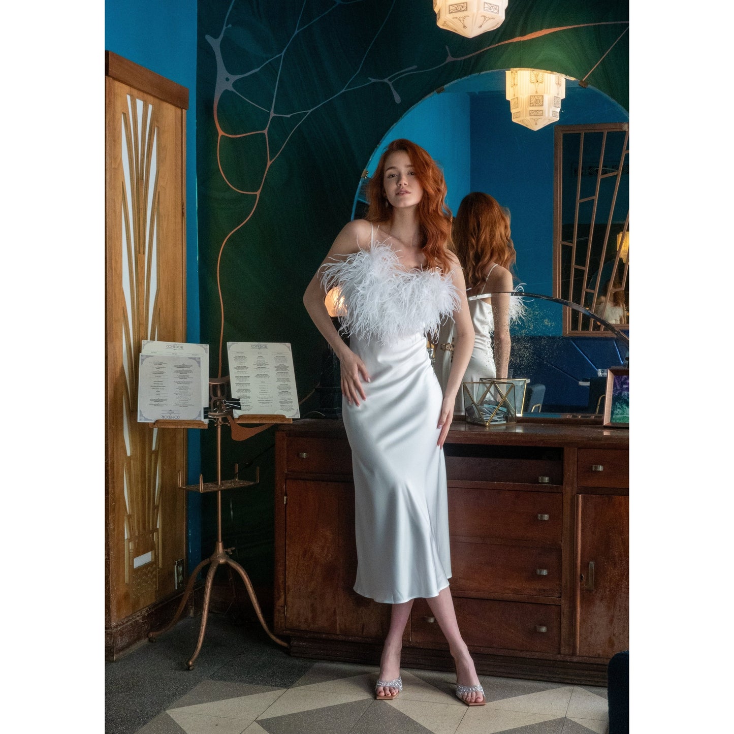Long Slip-On Dress with Detachable Feather 