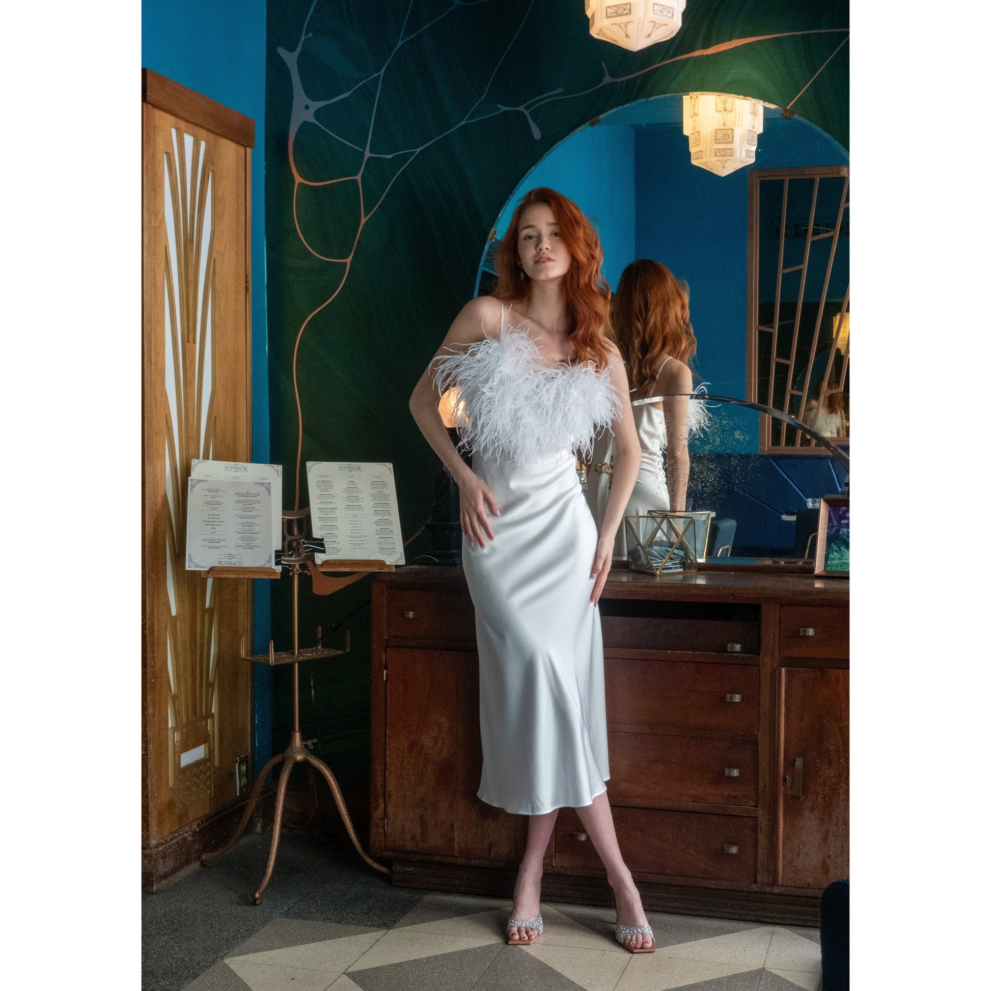 Long Slip-On Dress with Detachable Feather 