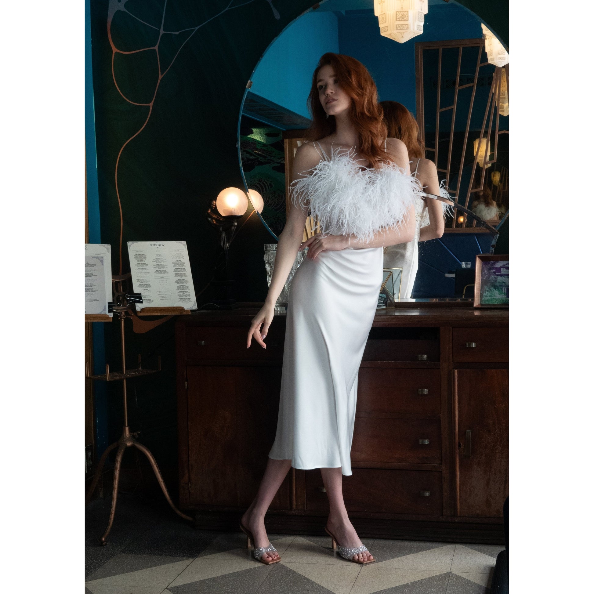 Long Slip-On Dress with Detachable Feather 