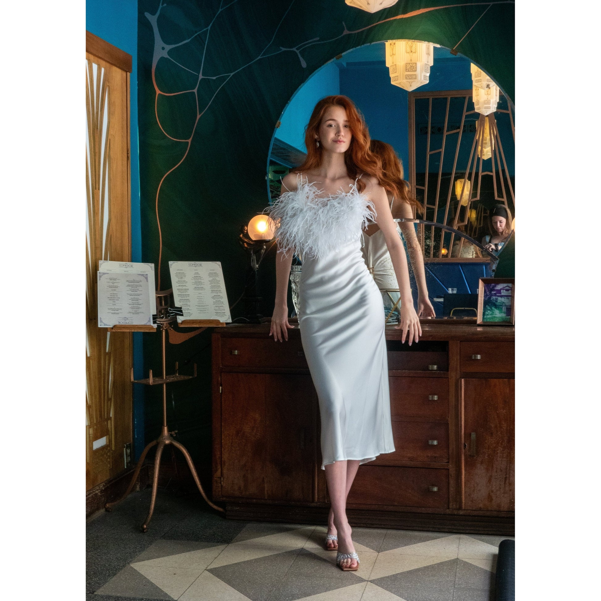 Long Slip-On Dress with Detachable Feather 