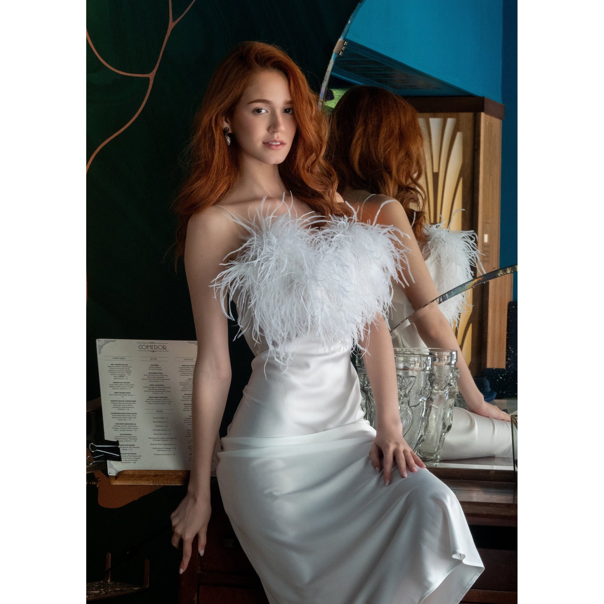 Long Slip-On Dress with Detachable Feather 