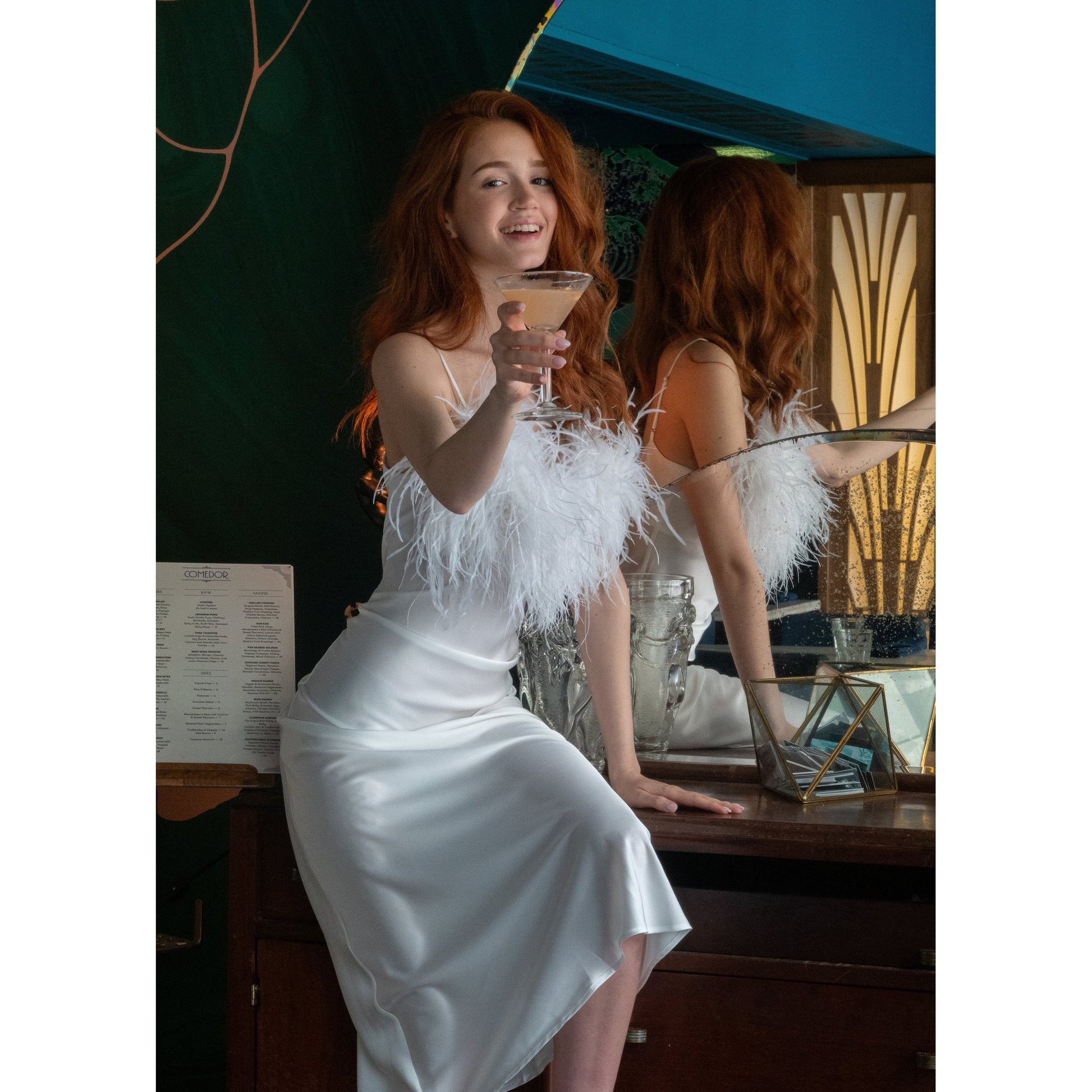 Long Slip-On Dress with Detachable Feather 
