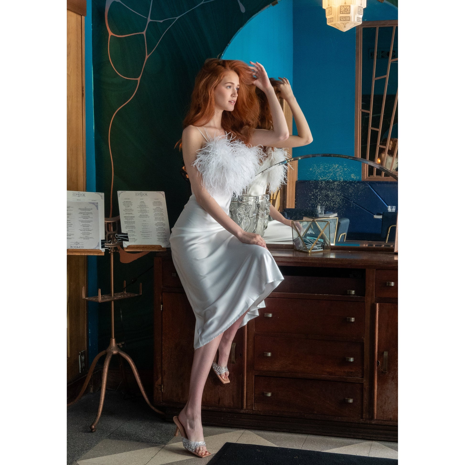 Long Slip-On Dress with Detachable Feather 