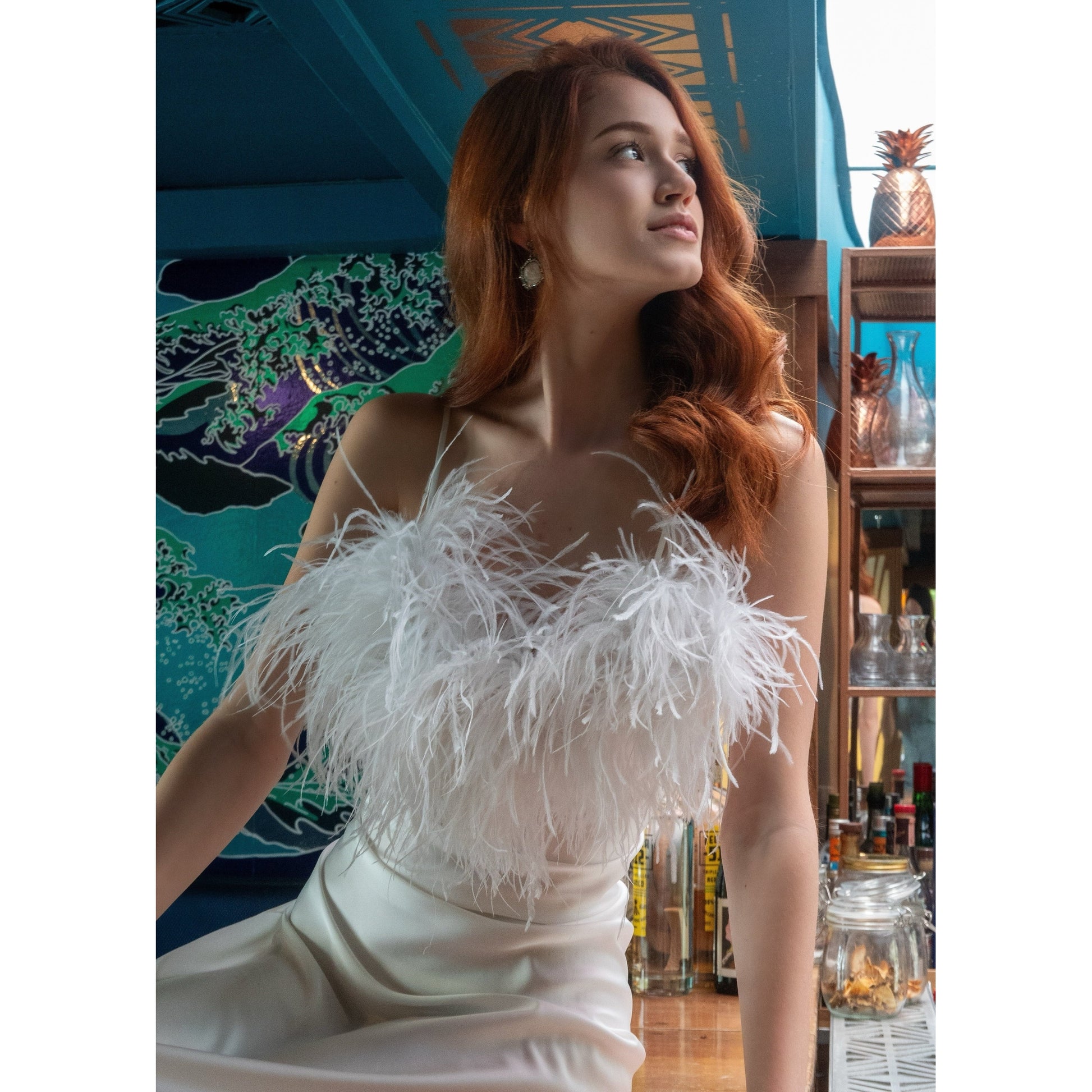 Long Slip-On Dress with Detachable Feather 