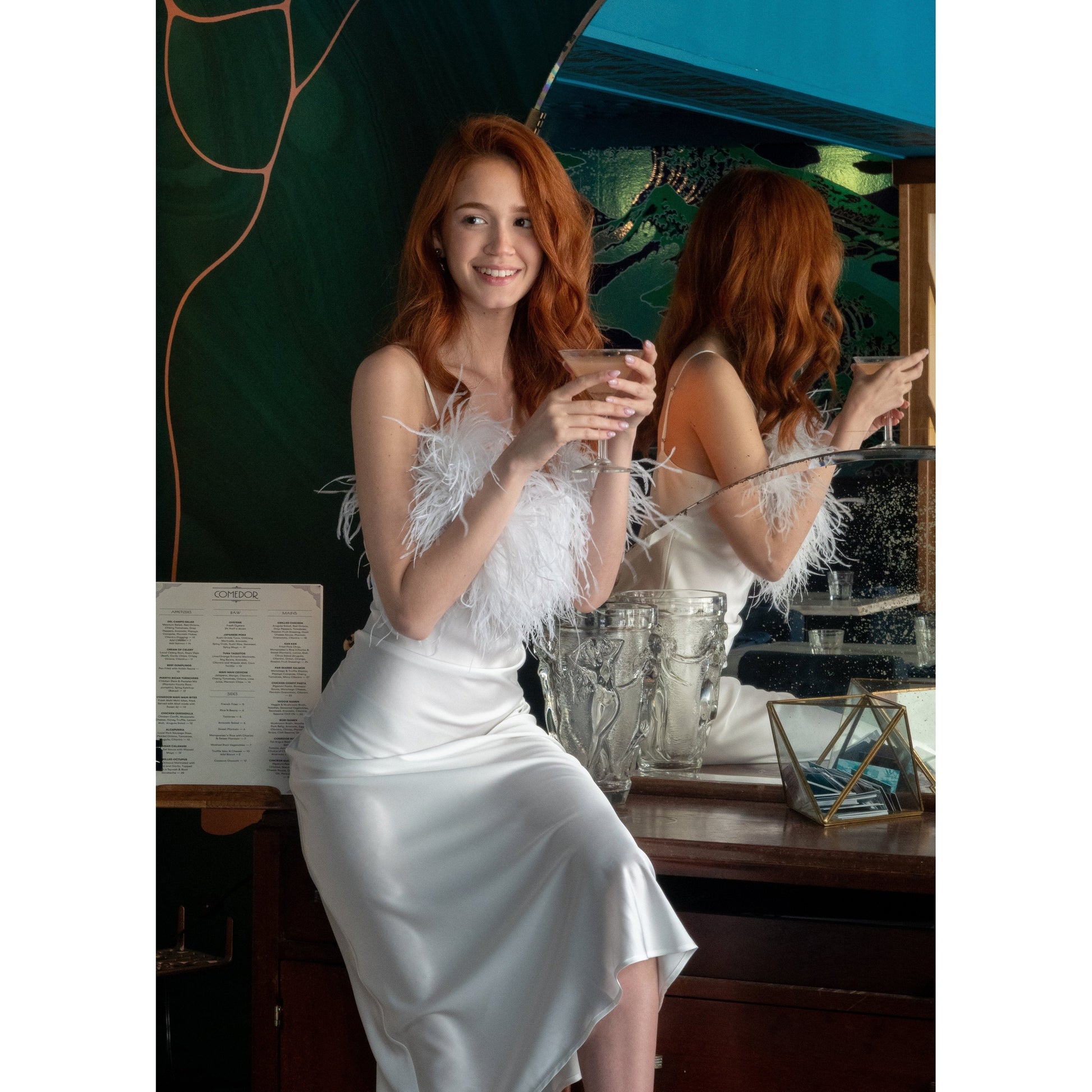 Long Slip-On Dress with Detachable Feather 