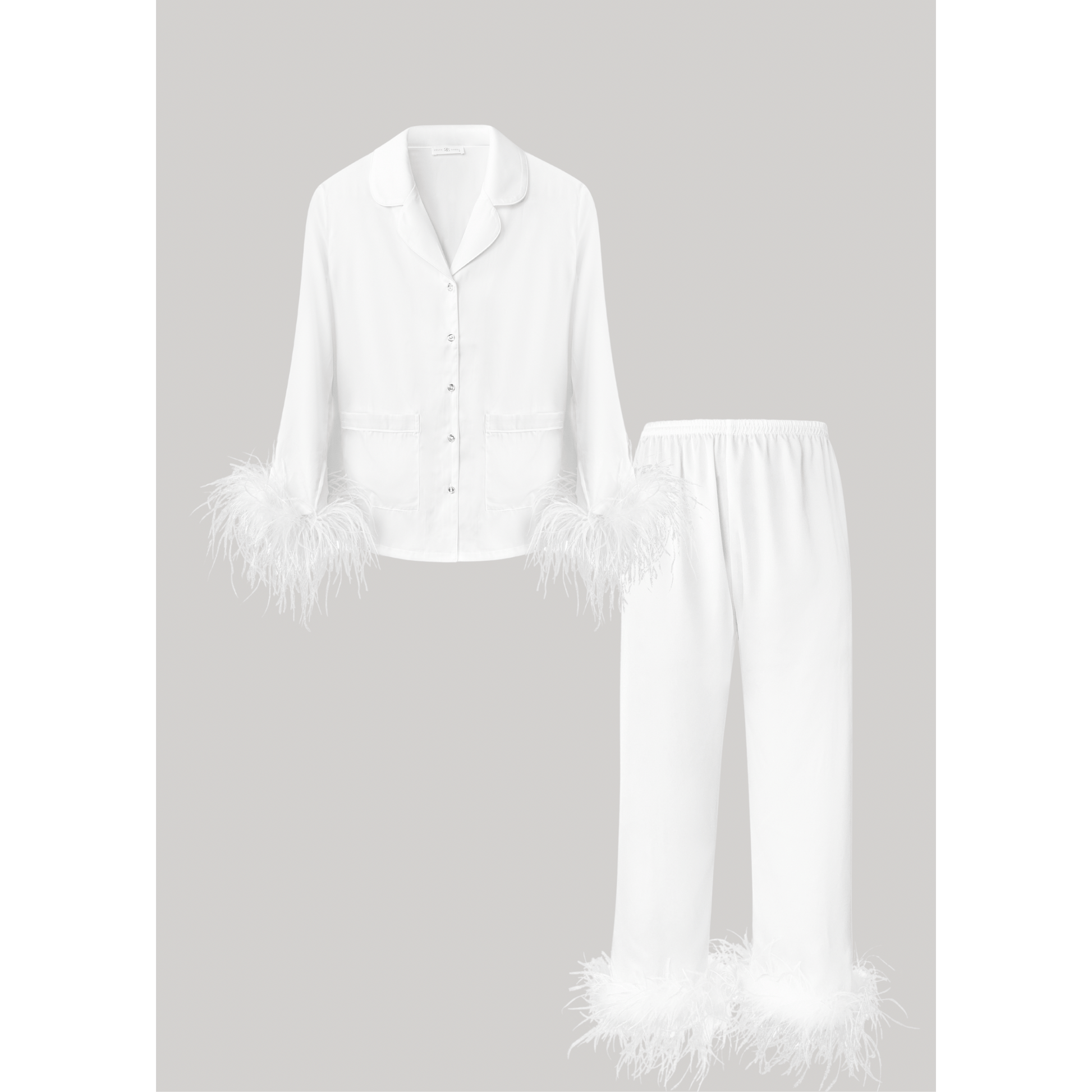 Pajama Set with Removable Feather Cuffs, Pearl White Bridal 