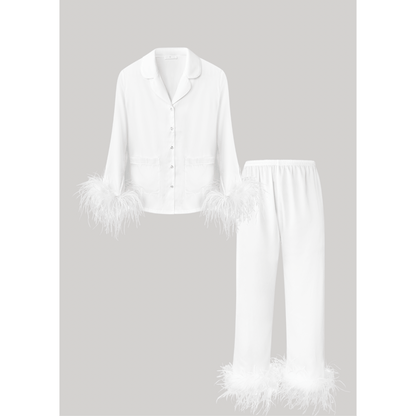 Pajama Set with Removable Feather Cuffs, Pearl White Bridal 
