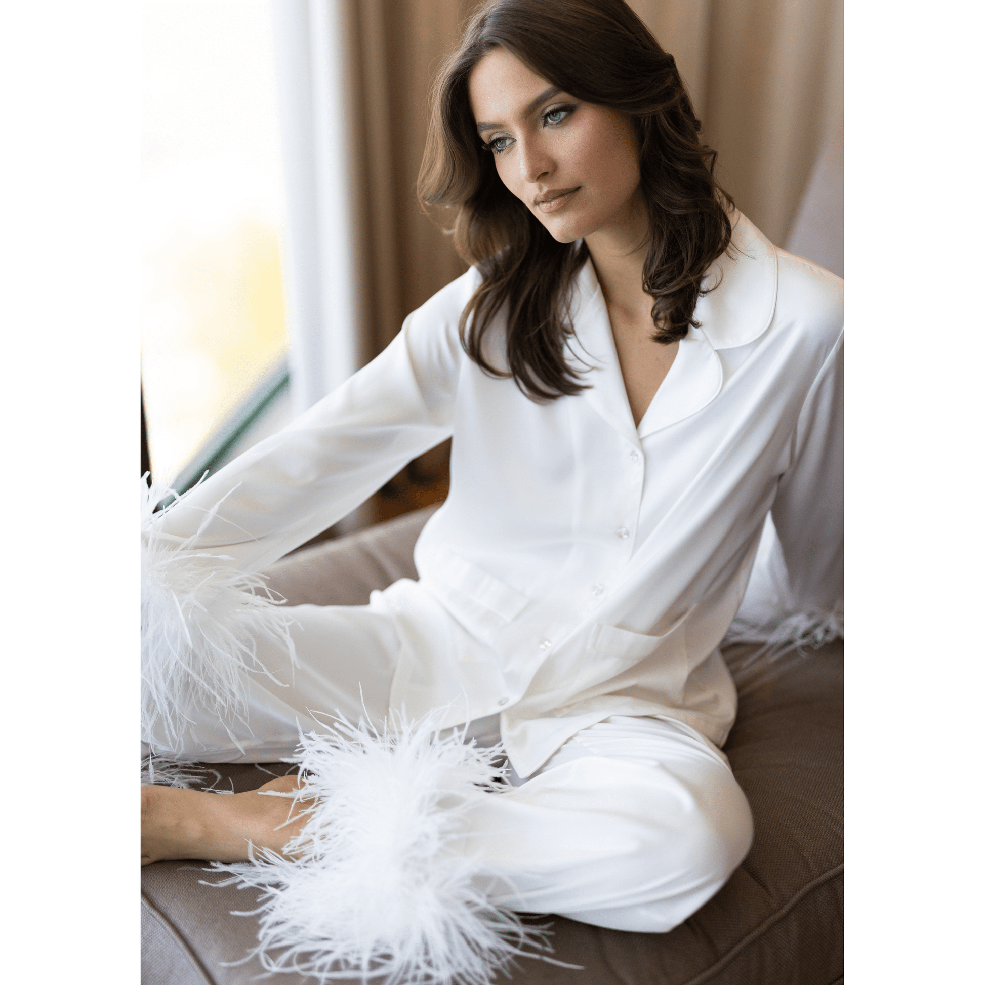 Pajama Set with Removable Feather Cuffs, Pearl White Bridal 