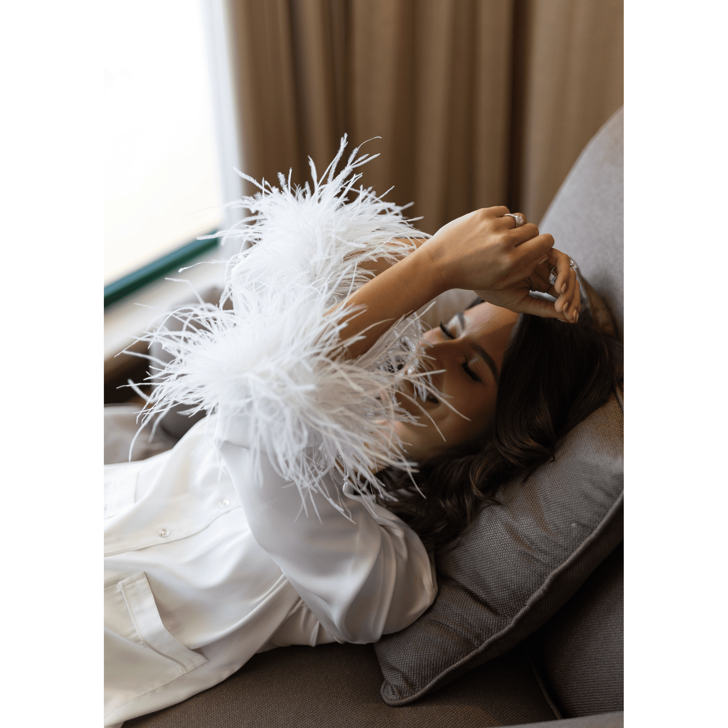 Pajama Set with Removable Feather Cuffs, Pearl White Bridal 