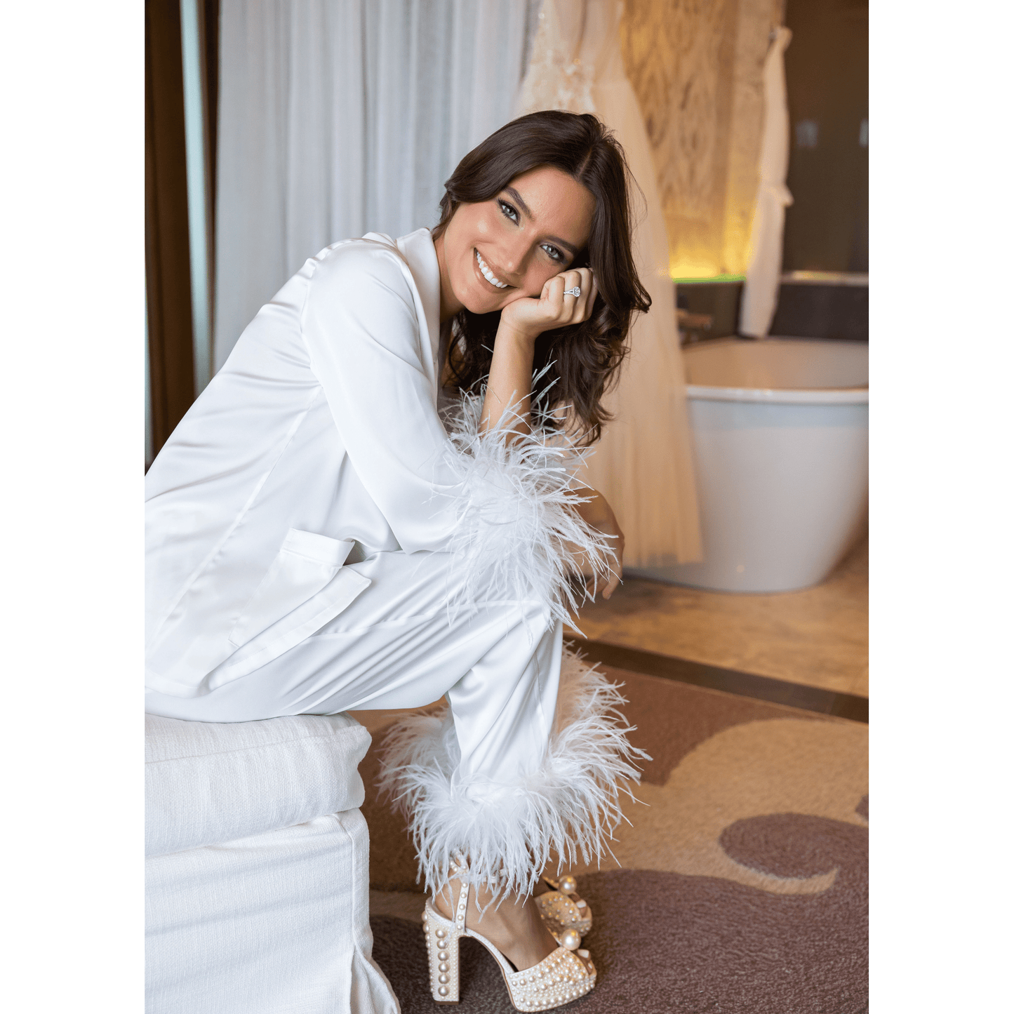 Pajama Set with Removable Feather Cuffs, Pearl White Bridal 
