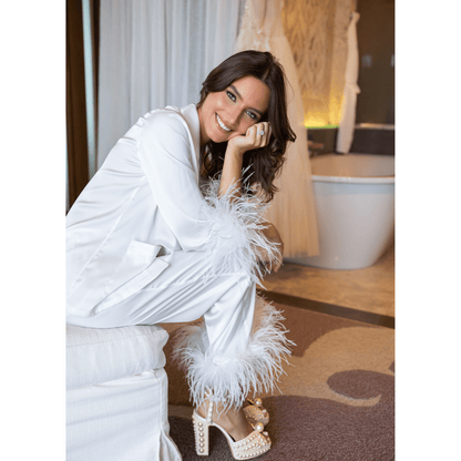Pajama Set with Removable Feather Cuffs, Pearl White Bridal 