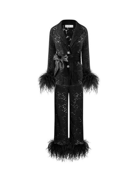 Lace Pants Set with Feathers, Black