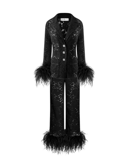 Lace Pants Set with Feathers, Black
