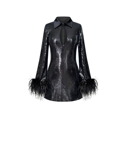 Sequin Mini Dress with Feathers Cuffs