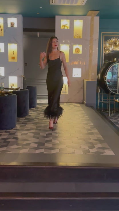 Cowl Neck Slip On Dress with Feathers