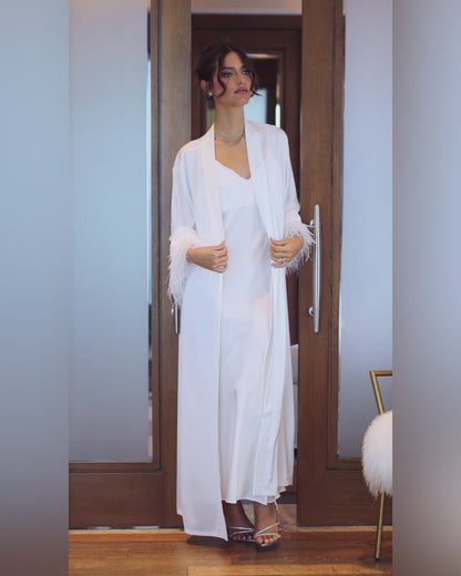 Long Kimono with Detachable Feather, White