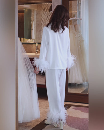 Pajama Set with Removable Feather Cuffs, Pearl White (Bridal)